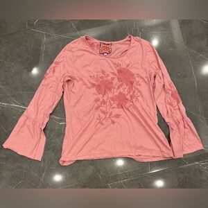 Johnny Was Embroidered Floral Top Flared  Long Sleeved Pink Medium Hippie Boho